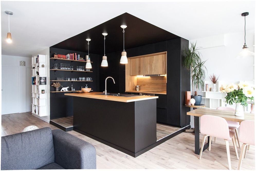 غرفة المعيشة في المطبخ: أفكار التصميم الحالية في عام 2019