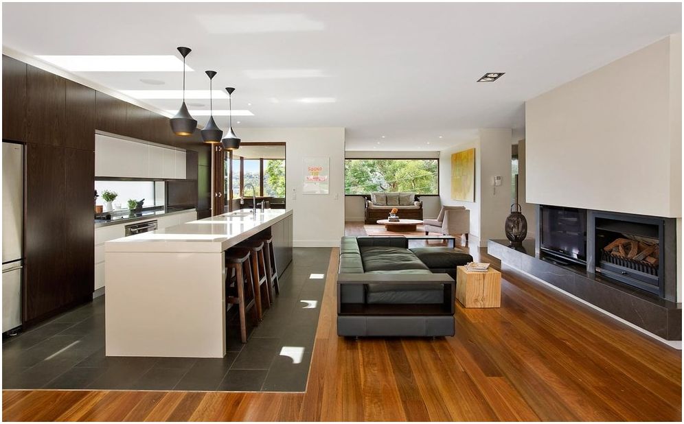 Obývací pokoj v kuchyni: současné nápady na design v roce 2019
