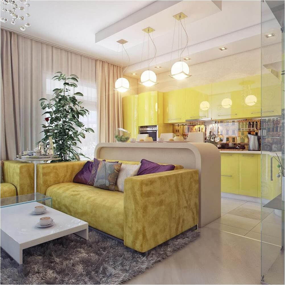 غرفة المعيشة المطبخ بألوان صفراء