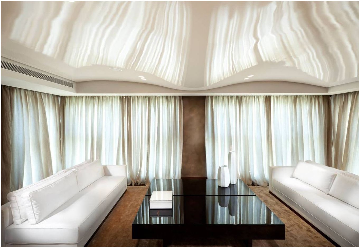Опънати тавани: снимка за залата - шикозни възможности за декориране на модерен хол
