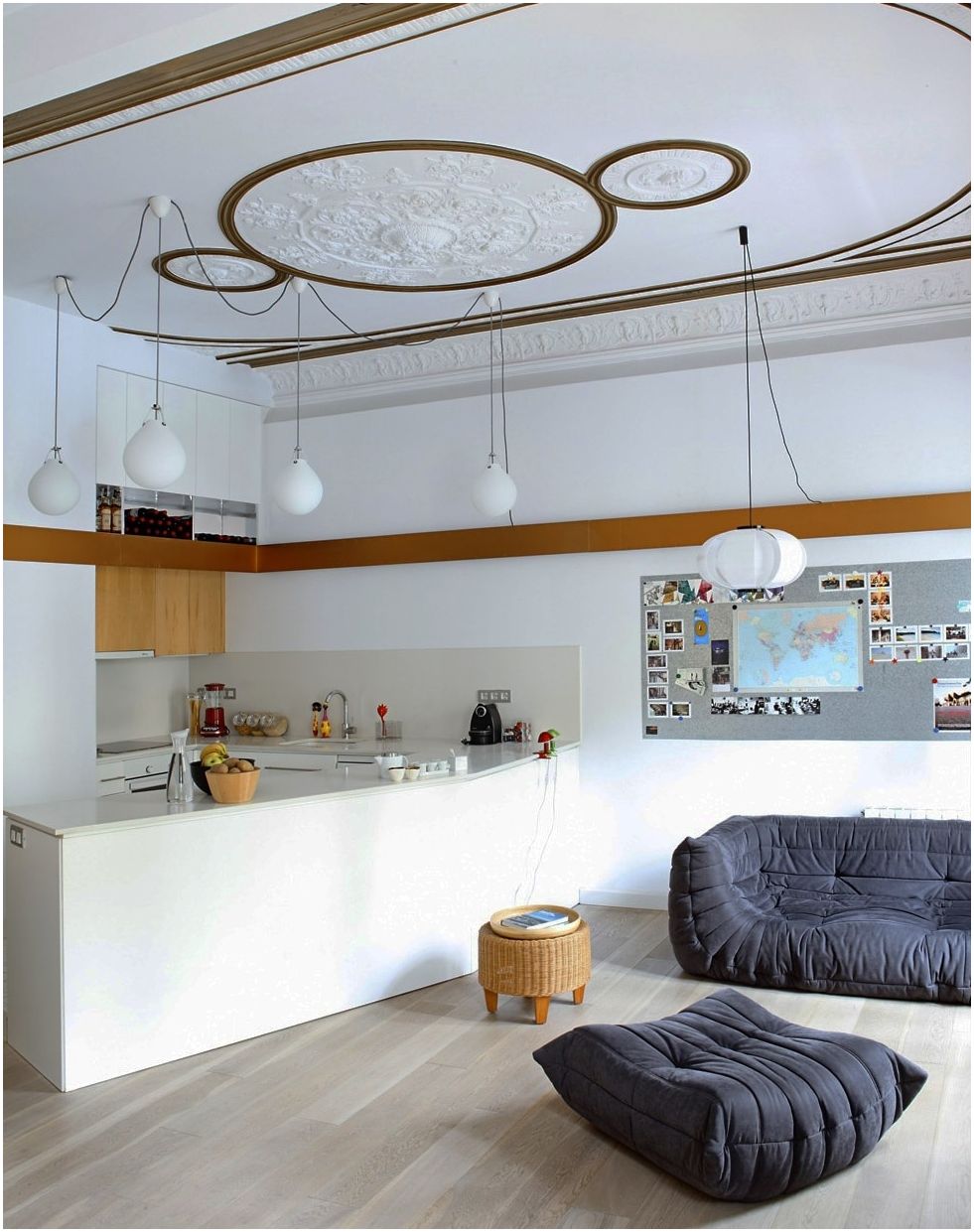 100 فكرة مريحة لمساحة كبيرة: غرفة معيشة مطبخ 25 متر مربع. م